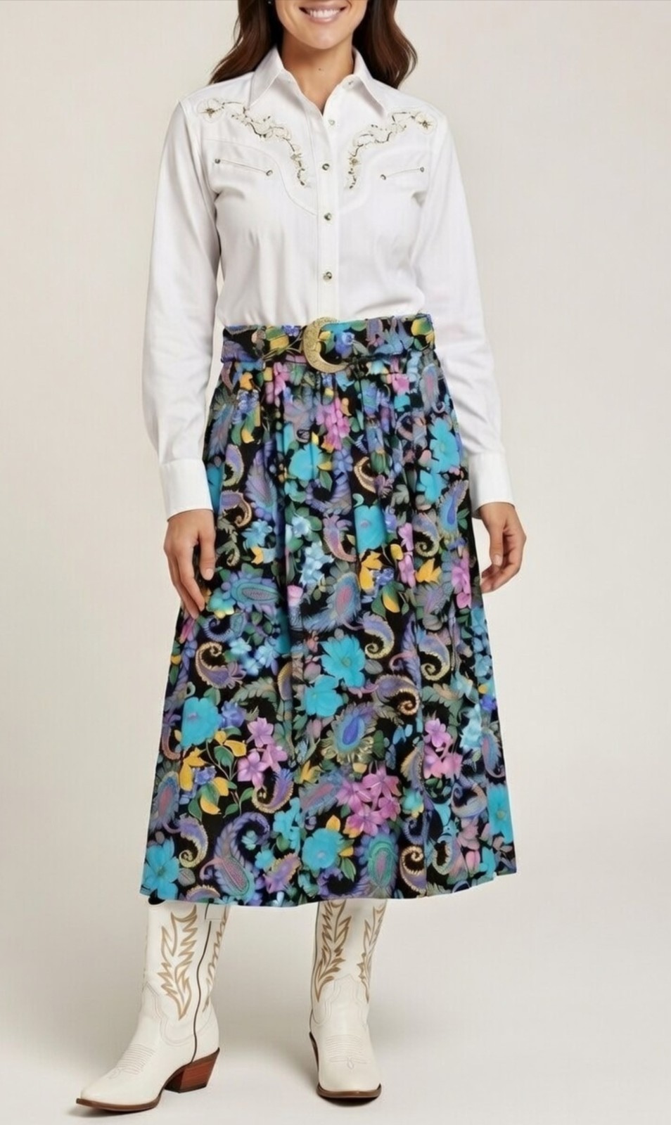 Cowgirl Skirt L 12 / 14 Western Belt buckle Floral Paisley Midi Made In USA Vtg