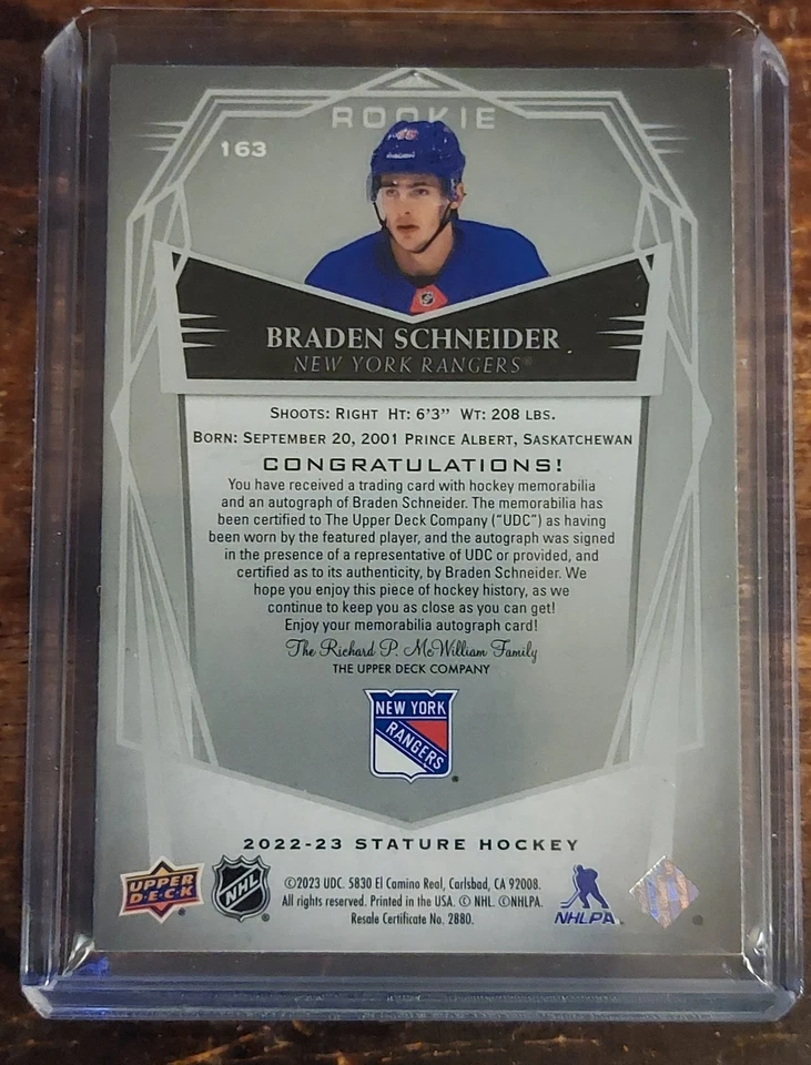 22-23 Upper Deck Stature Braden Schneider/Rangers  Rookie Patch Auto 4/20 - Image 3 of 3