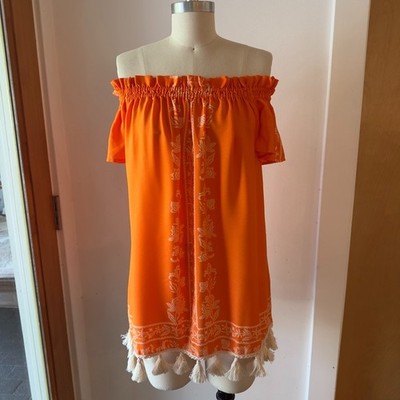 Show Me Your Mumu Woodstock Off-Shoulder Tassel Boho Tunic Top-Orange-Size Sml