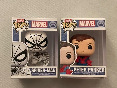 Funko Bitty Pop Marvel Black And White Spider-Man 1/6 Chase + Peter Lot Of 2
