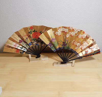 2 Vintage Hand Held Decorated Paper Fans Asian OHGI Seasonal Flower  W/Stands