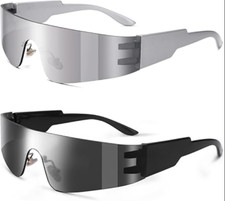 Y2K Rimless Futuristic Wrap Around Sunglasses Women Men, Trendy Cyberpunk Vis...