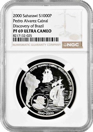 Western Sahara (Saharawi) 1000 pesetas 2000, NGC PF69 UC, "Discovery of Brazil"