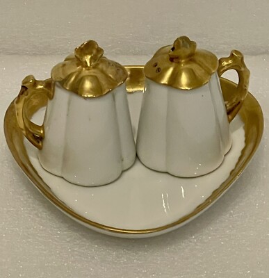 Delicate Porcelain Salt Pepper Set W/ Tray White Gold Trim Signed