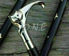 Brass Nickle Finish Cat Handmade Handle Vintage Wooden Walking Stick Cane Gift