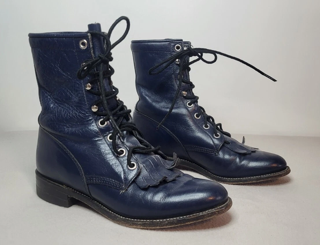 Vintage Justin Boots Leather Kiltie Ropers Lace Up Navy Blue USA