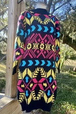 Vintage 80s One Step Up Knit Sweater Dress Tunic Black Neon SZ S Pink Acrylic