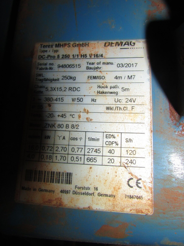 Demag Typ DC-Pro 5v 250 1/1 H5 V 16/4 Trag:250 kg 4M 0,72 kW E - Kettenzug (X131 - Bild 5 von 8