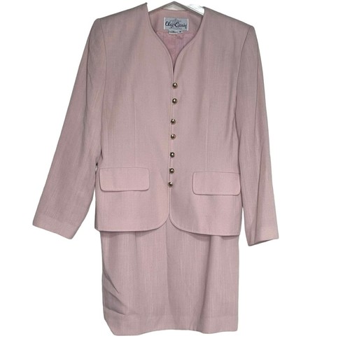 Oleg Cassini Vintage pink collarless blazer + gold buttons & skirt suit size 12