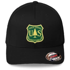 US Forest Service Logo Black Hat Flexfit Baseball Cap Printed Emblem S/M & L/XL