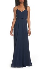 JENNY YOO Navy Blue Inesse Chiffon V-Neck Blouson Drape Open Back Maxi Gown 4