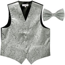 New men's formal vest tuxedo waistcoat pre tied bowtie paisley Silver 5XL 6XL