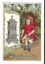 Old Trade Card Glenwood Ranges WEIR Stove Co Taunton MA Washburn Girl Flowers