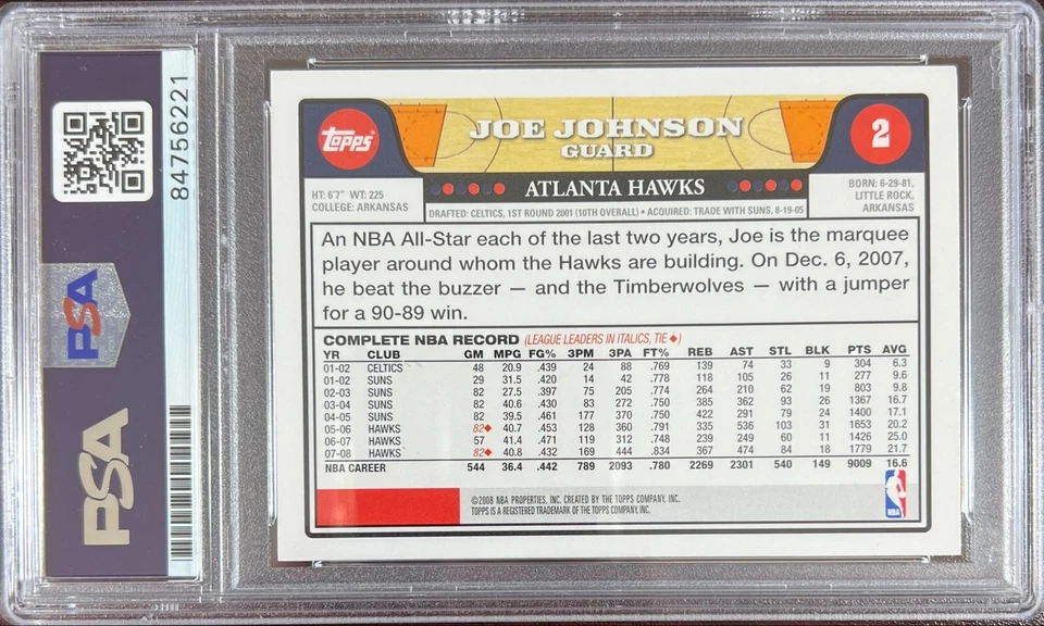 Tarjeta Topps #2 2008 firmada automáticamente por Joe Johnson Atlanta Hawks PSA encapsulada Foto 2 de 3