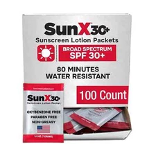 Coretec SunX30+ Sunscreen Lotion, SPF30 Travel Size - Dispenser Box of 100