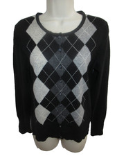Apt 9 100 Cashmere Black Gray Argyle Crew Neck Cardigan Size M
