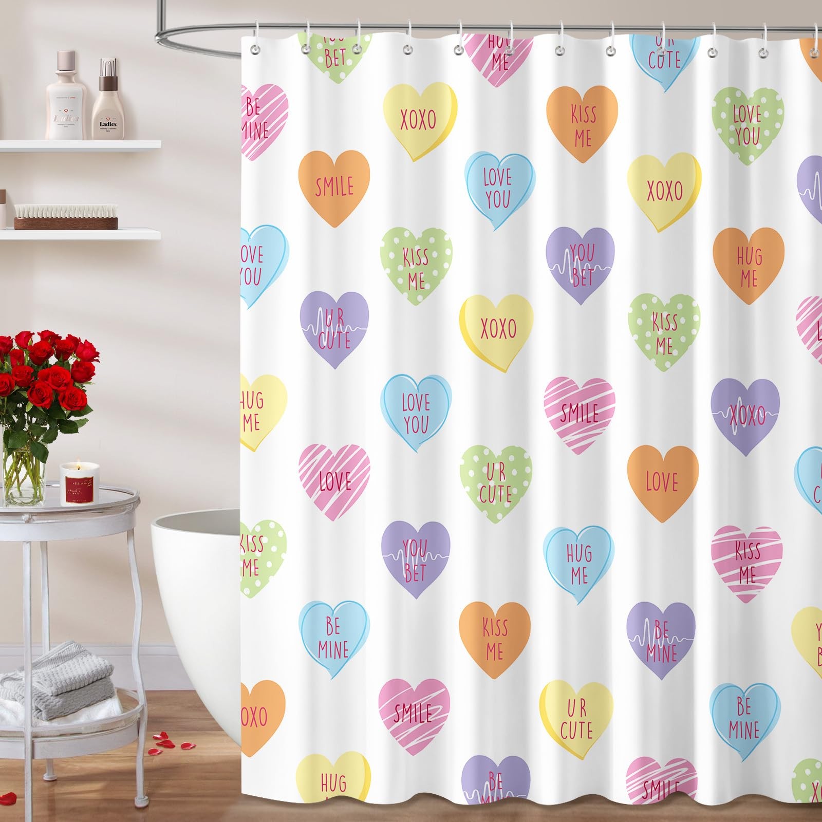 Valentines Shower Curtains For Bathroom Colorful Conversation Heart Candy 72x72
