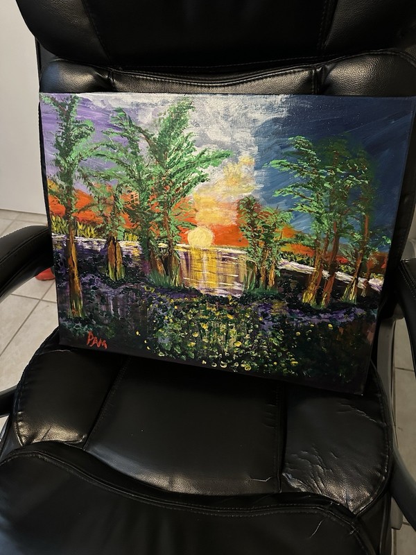 Pam Signed Original Impressionist Sunset Lake Trees Canvas Painting Unframed