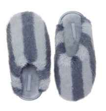 Victoria's Secret VS Plush Closed Toe Faux Fur Slippers Thunder Blue Striped New