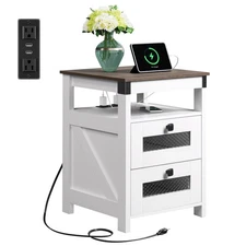 Side Table with Charging Station, Farmhouse End Table, Bed Side Table with 2 ...