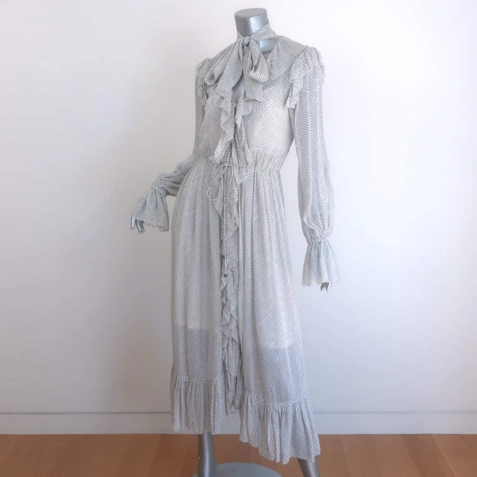 Maxi Vestido Zimmermann Coño Lazo Volantes Blanco Estampado Zig Zag Crepé Talla 1 Foto 4 de 4