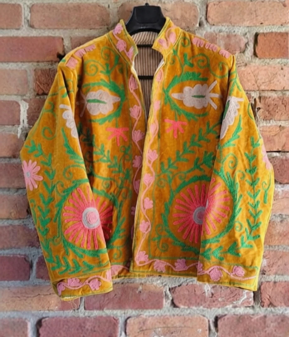 Handmade Suzani Jacket Mustard Pink Green Floral Embroidery Boho Festival Coat
