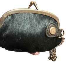 True Vintage Real Fur Leather Small Black Coin Purse Brass Kiss Lock W Chain VTG