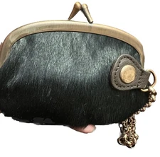 True Vintage Real Fur Leather Small Black Coin Purse Brass Kiss Lock W Chain VTG