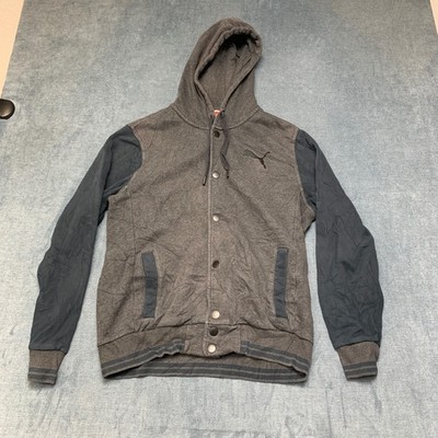 Puma Sport Lifestyle Varsity Jacket Mens M Gray Hooded Fleece Lined Snap Front