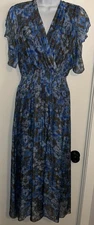 Le Ragazze Blue Multi Airy Silk Blend Flutter Sleeve  52"Long Maxi Dress  sz L