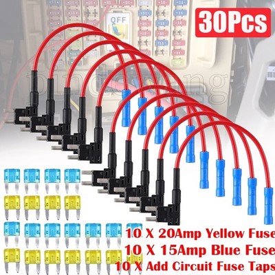 30Pcs Fuse TAP ADAPTER KIT 12V 15 Amp 20Amp Car Add-a-circuit Mini ATM APM Blade