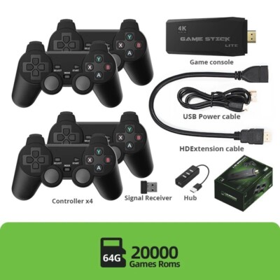 Video Game Console Retro TV Stick 64G 4K HDMI 2 Wireless Controller 20000+ Games