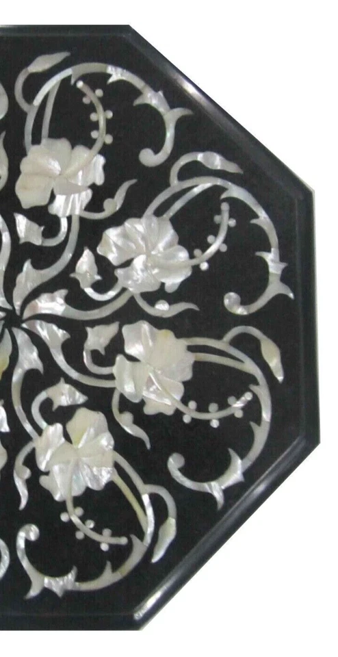 12 Inches Marble Office Side Table Top Mother of Pearl Inlay Work Coffee Table - Image 4 of 4