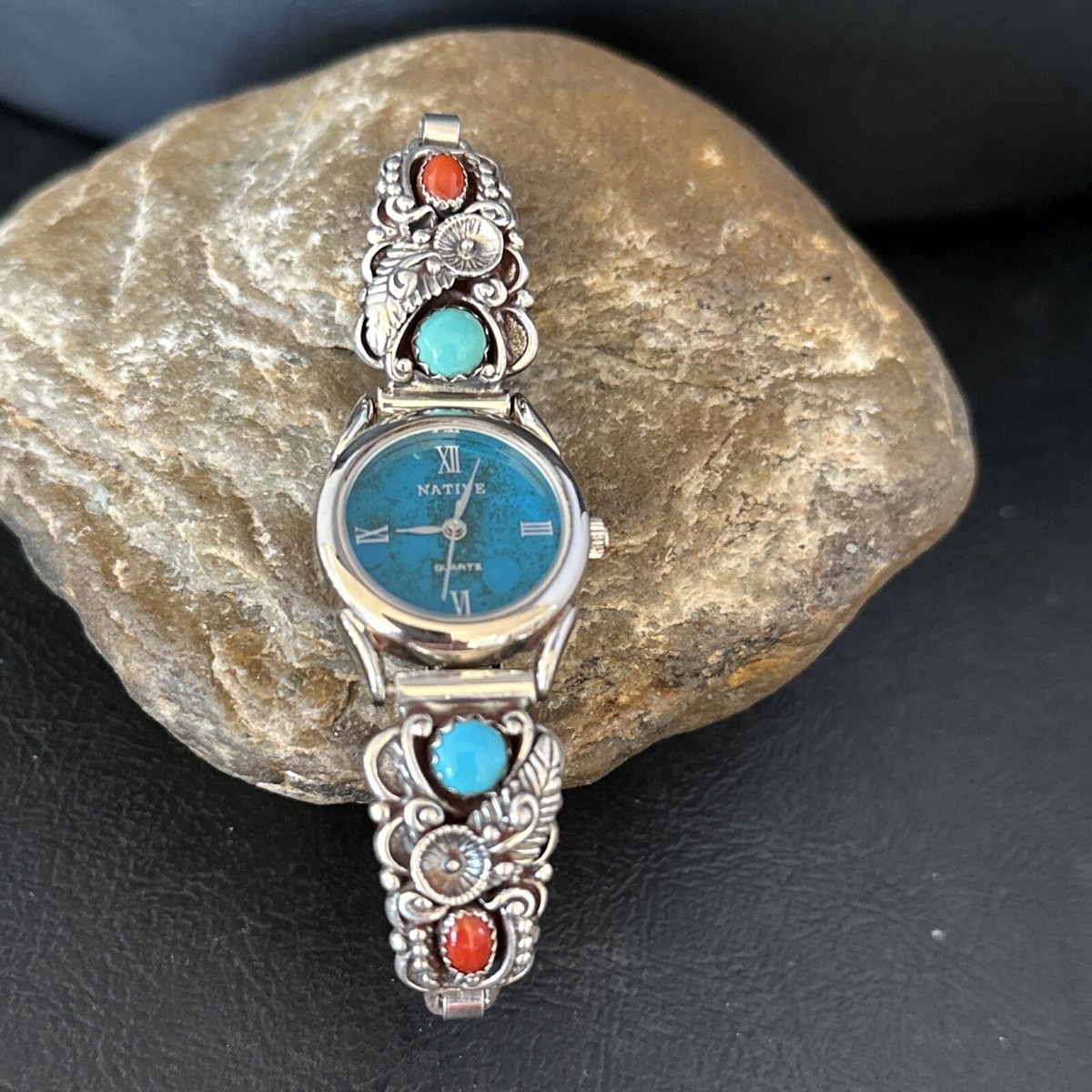 Native Womens Blue Turquoise Coral Navajo Sterling Silver Watch