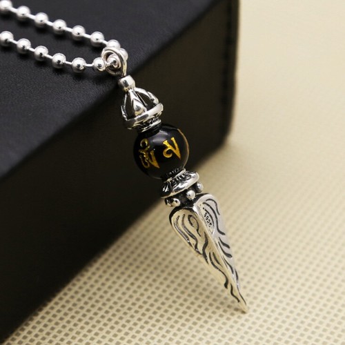 I07 Rimorchio Buddhistisch 6-Wort-Mantra Vajra Ossidiana Argento Sterling 925