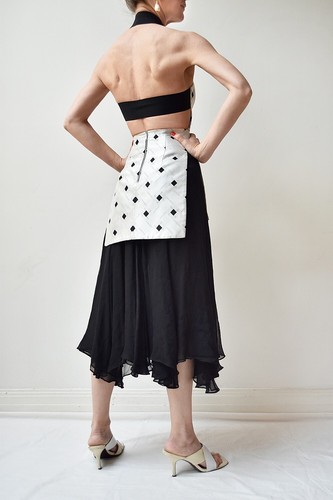 JOSH GOOT Black White Silk Jacquard Cutout Back Midi Dress Sz XXS Fits Sz 6 - Picture 2 of 9