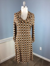 Ann Taylor LOFT S 6 Brown Art Deco Fit Flare Dress 3/4 Sleeve Stretch Career
