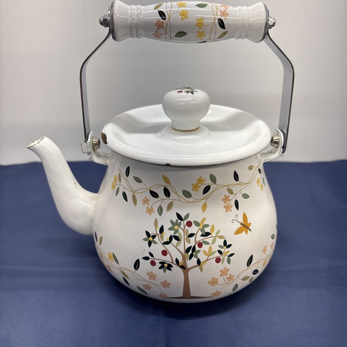 Vintage Enamelware White Enamel Tea Kettle Vintage White Floral
