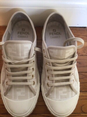 FENDI Men's Domino Low Top Sneakers Off White FF Motif Fabric