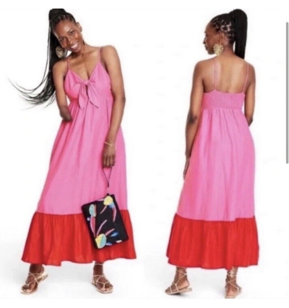 TABITHA BROWN For Target Pink Red Colorblock Linen Smocked Maxi Sundress Sz  XS