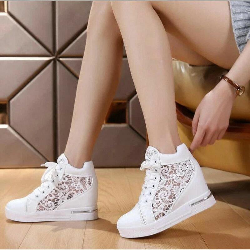 Women Wedge Sneakers Rubber Brogue heels Lace Up Shoes Height White Silver | eBay