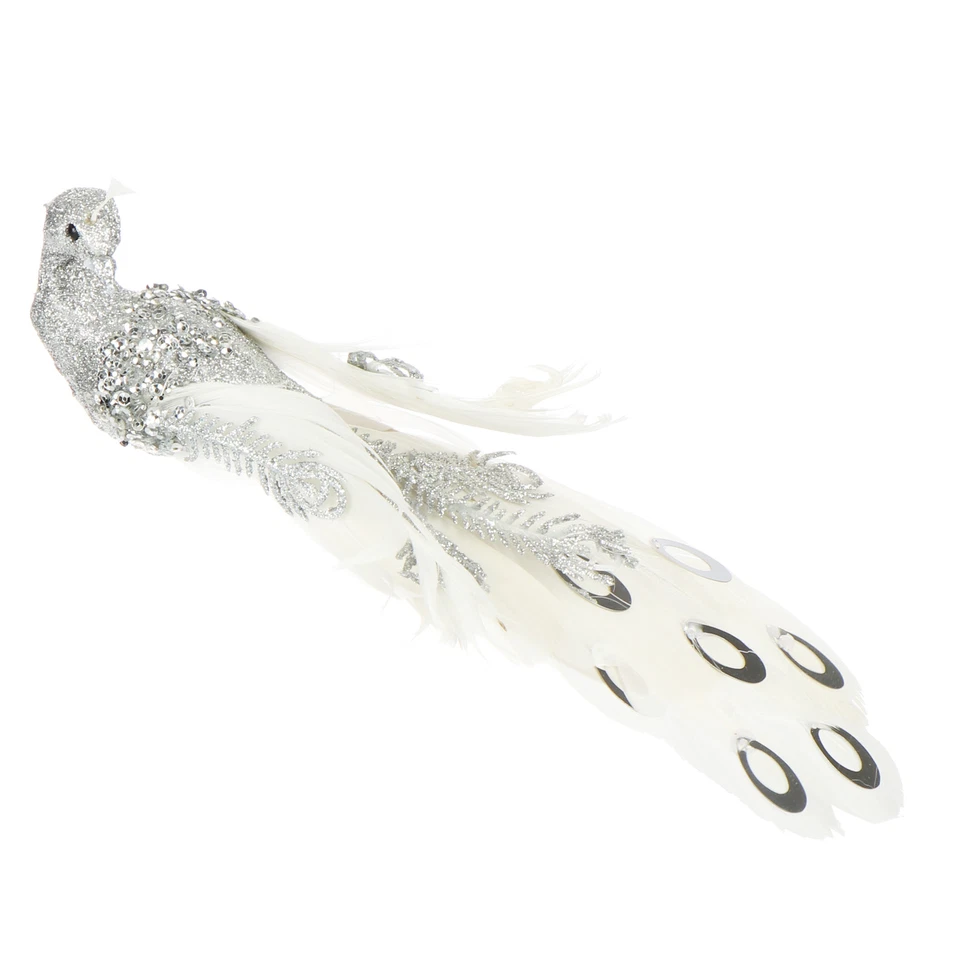 2x Christbaumschmuck Deko Vogel, Pfau mit Pailletten für Weihnachtsbaum, silber - Bild 2 von 4