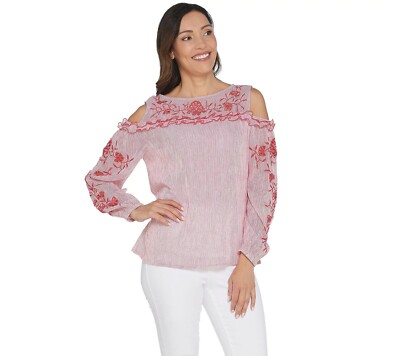 Du Jour Striped Cold Shoulder Gauze Top Embroidery - Red (S) 