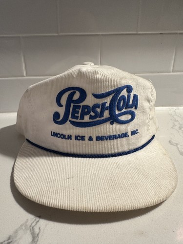 Vintage Pepsi Cola SnapBack Corduroy Hat Cap White Blue Script Made In USA - Picture 2 of 7