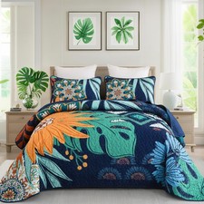 Navy Blue Floral Queen Quilt Set - 3 Pc Lightweight Microfiber for All Seasons