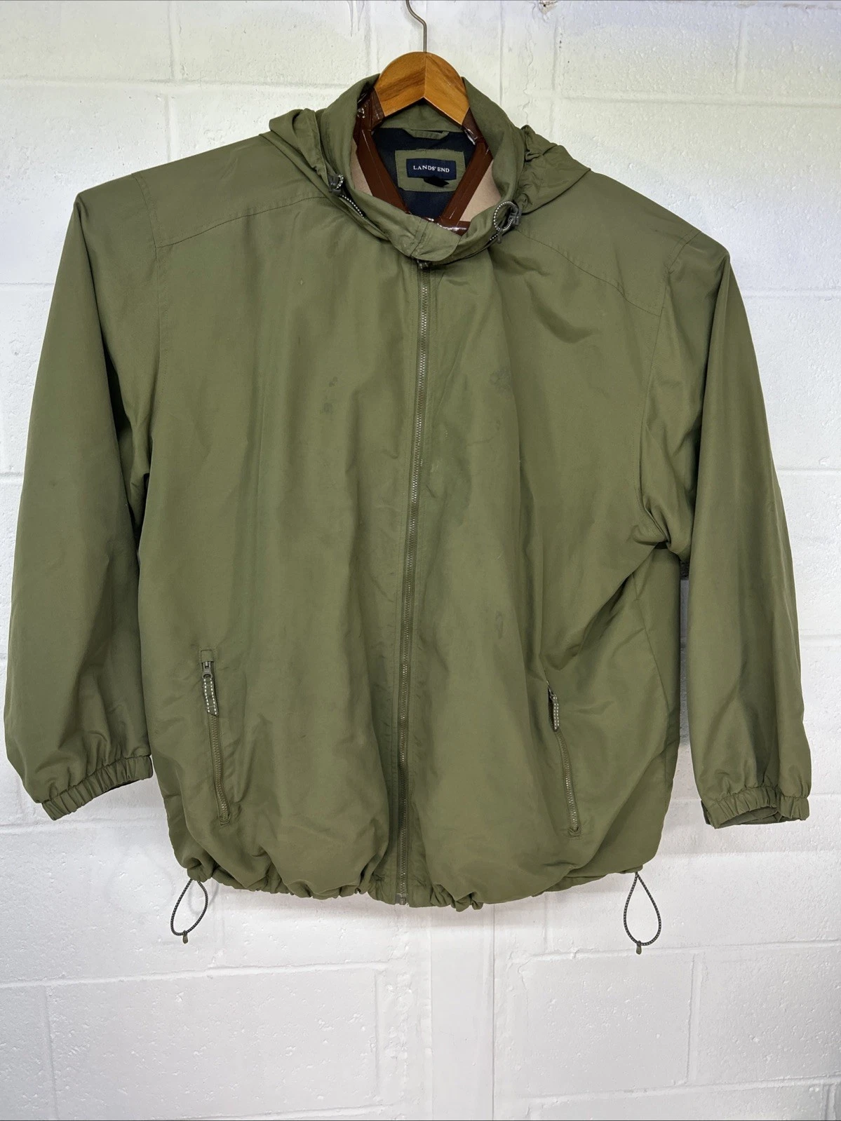 Lands' End Jacket Mens Hooded Windbreaker 3XL Green Mesh Lined Zip Pockets