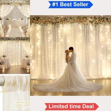 Ivory Chiffon Backdrop Curtain 10x10 ft 2 Panels 5x10 ft Warm White String