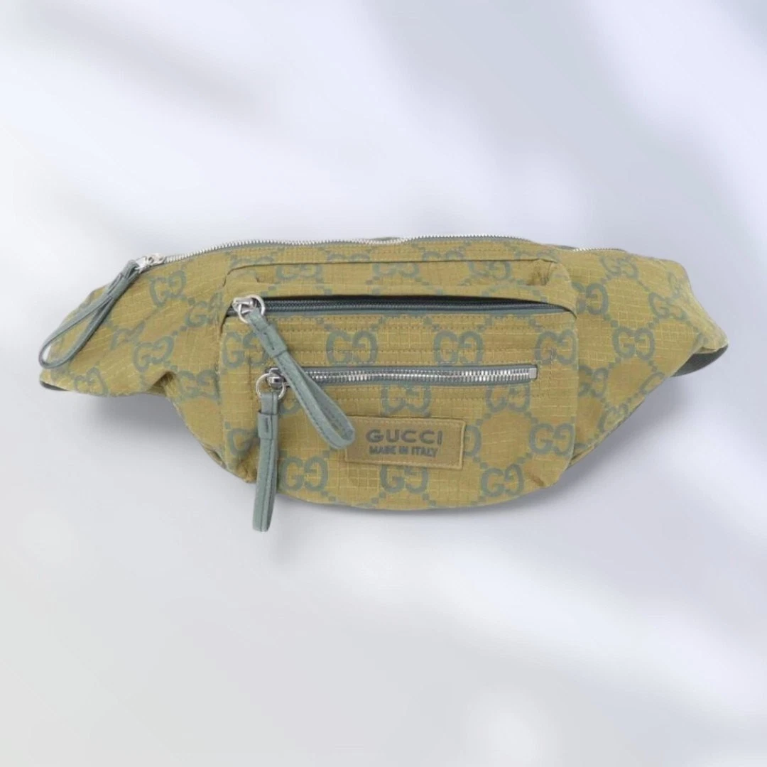 Gucci 792287 GG sac taille vert moutarde argent nylon occasion