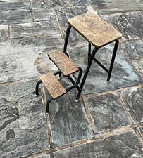 Vintage Foldable 2-Step Stool/Ladder Wood Treads Black Metal Frame 60cm