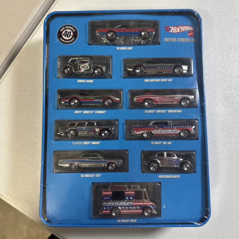 Hot Wheels Super Chromes 10 Car Set Red Line 40TH Anniversary Car Tin Diecast - Image 2 of 4